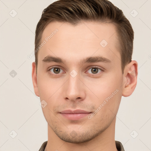 Neutral white young-adult male with short  brown hair and brown eyes