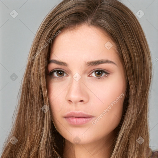 Neutral white young-adult female with long  brown hair and brown eyes
