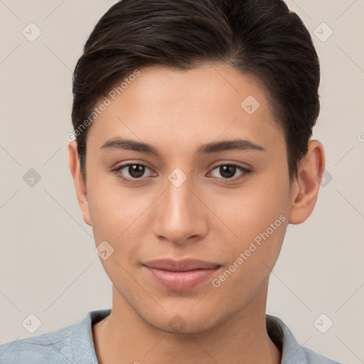 Joyful white young-adult female with short  brown hair and brown eyes