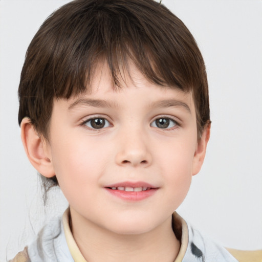 Joyful white child female with short  brown hair and brown eyes