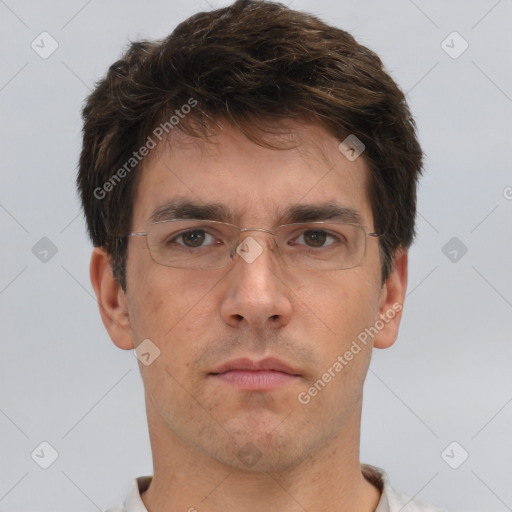 Neutral white adult male with short  brown hair and brown eyes