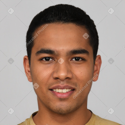 Joyful latino young-adult male with short  black hair and brown eyes