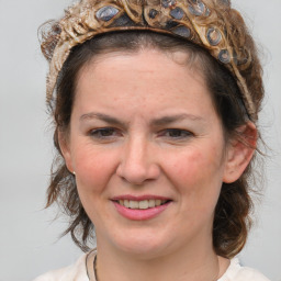 Joyful white adult female with medium  brown hair and blue eyes