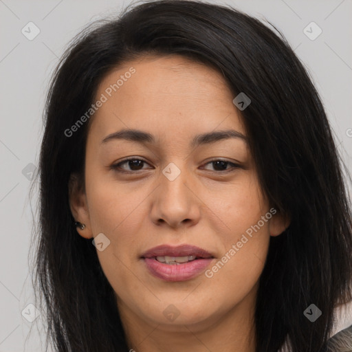 Joyful asian young-adult female with long  brown hair and brown eyes