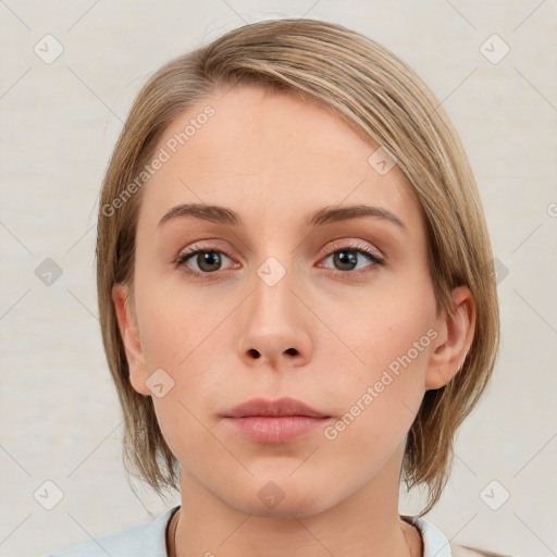 Neutral white young-adult female with medium  brown hair and blue eyes