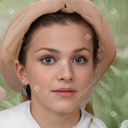 Neutral white young-adult female with short  brown hair and brown eyes