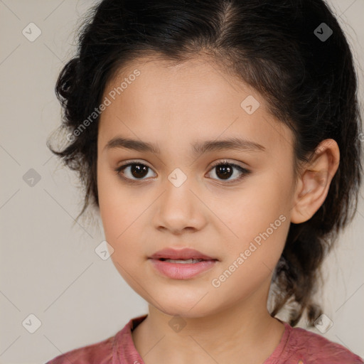 Joyful white child female with medium  brown hair and brown eyes