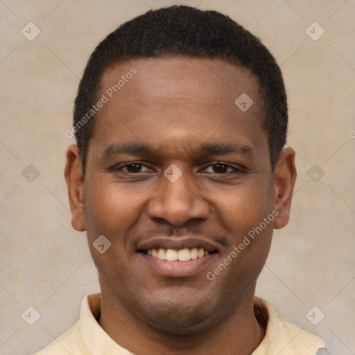 Joyful latino young-adult male with short  brown hair and brown eyes