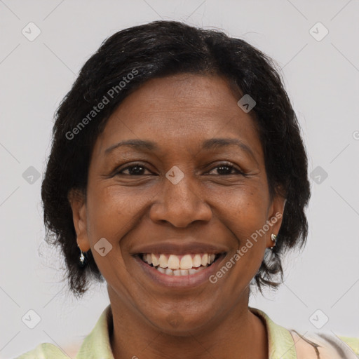 Joyful black adult female with short  brown hair and brown eyes