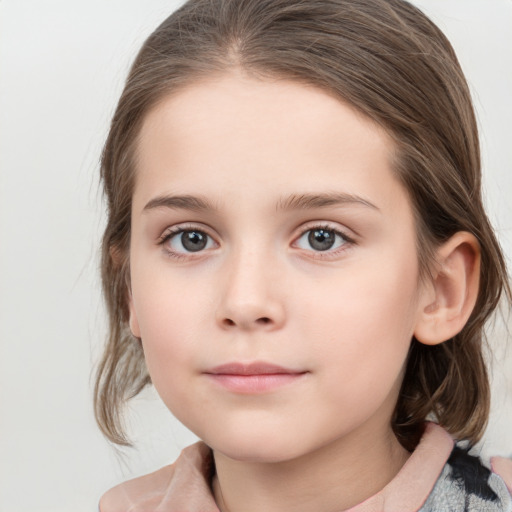 Neutral white child female with medium  brown hair and grey eyes