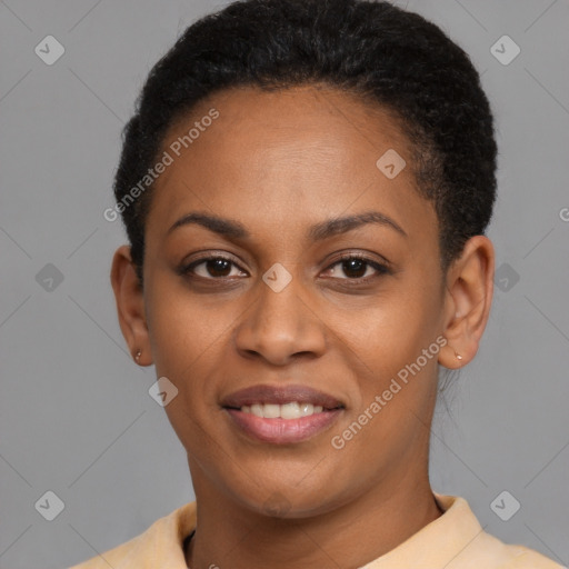 Joyful latino young-adult female with short  black hair and brown eyes