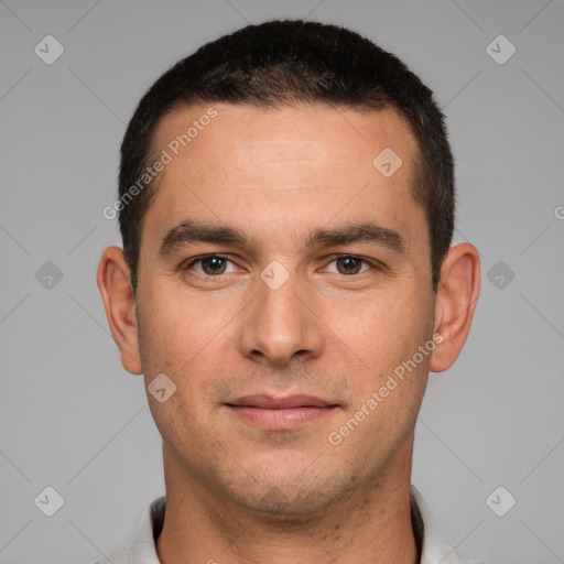 Joyful white young-adult male with short  brown hair and brown eyes