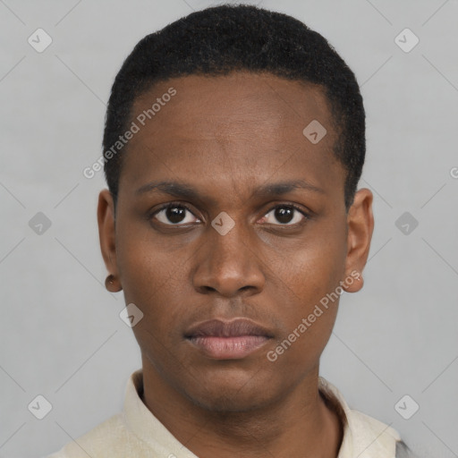 Neutral black young-adult male with short  black hair and brown eyes