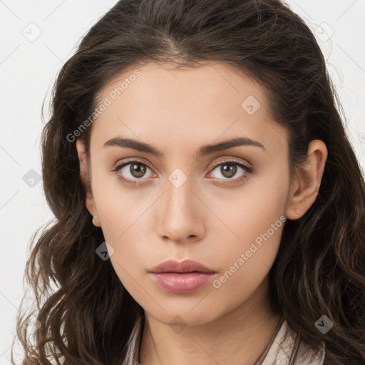 Neutral white young-adult female with long  brown hair and brown eyes