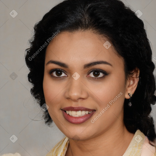 Joyful latino young-adult female with medium  black hair and brown eyes