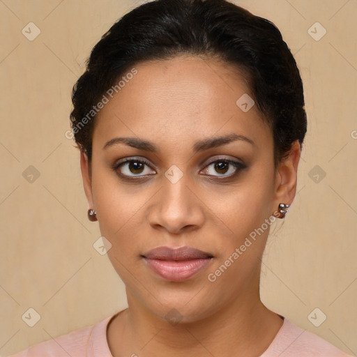 Joyful latino young-adult female with short  brown hair and brown eyes