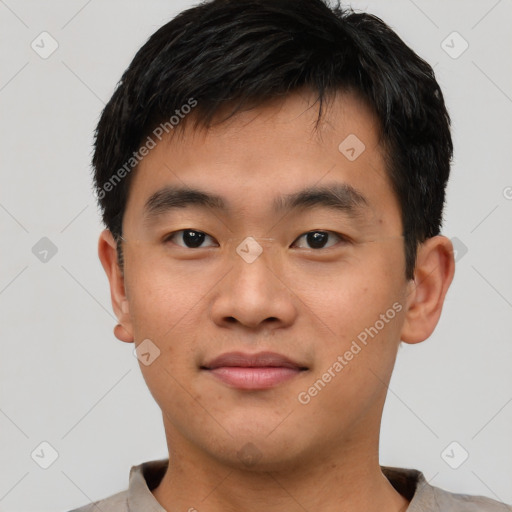 Neutral asian young-adult male with short  black hair and brown eyes