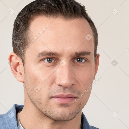 Neutral white young-adult male with short  brown hair and grey eyes