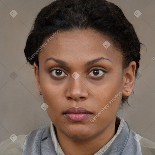 Neutral black young-adult female with short  brown hair and brown eyes