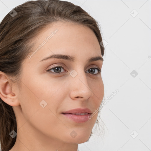 Neutral white young-adult female with medium  brown hair and brown eyes