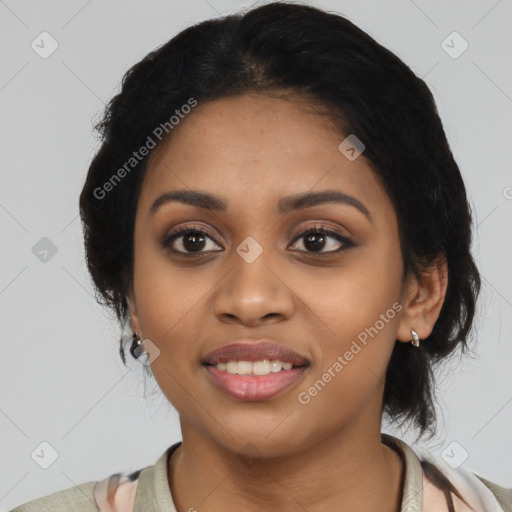 Joyful latino young-adult female with medium  black hair and brown eyes