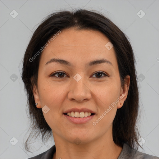 Joyful white young-adult female with medium  brown hair and brown eyes