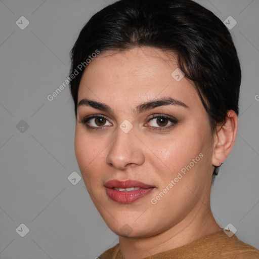 Joyful white young-adult female with medium  brown hair and brown eyes