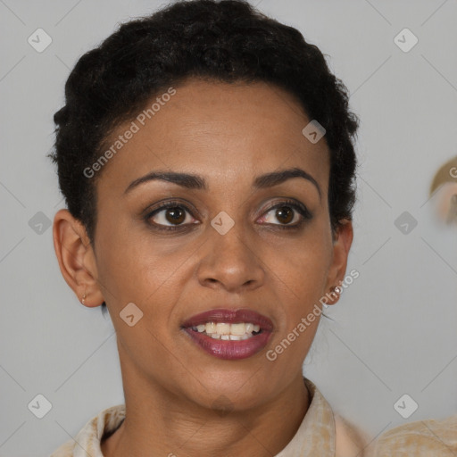 Joyful black young-adult female with short  brown hair and brown eyes