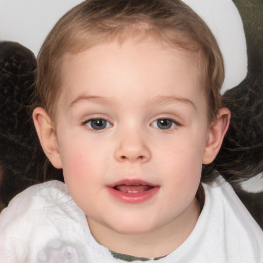 Joyful white child female with medium  brown hair and blue eyes