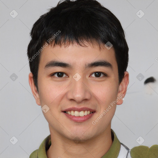 Joyful white young-adult male with short  black hair and brown eyes