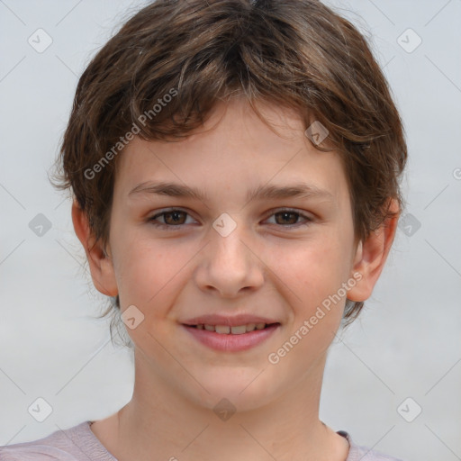 Joyful white child female with short  brown hair and brown eyes