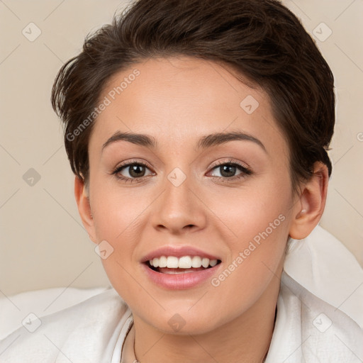 Joyful white young-adult female with short  brown hair and brown eyes