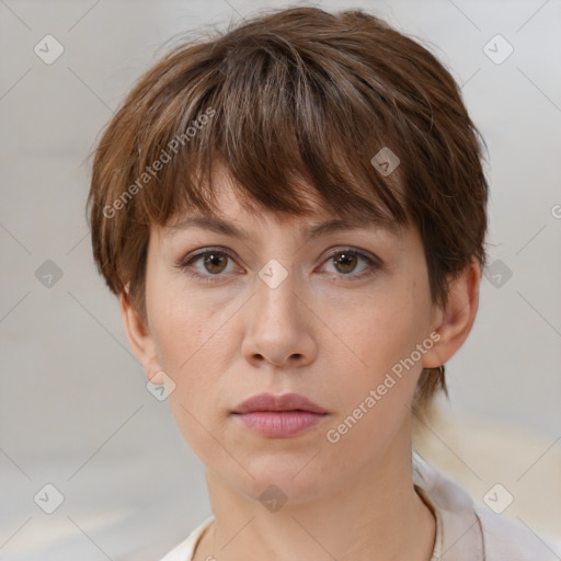 Neutral white young-adult female with medium  brown hair and brown eyes