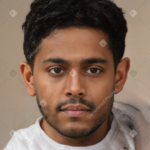 Neutral latino young-adult male with short  black hair and brown eyes