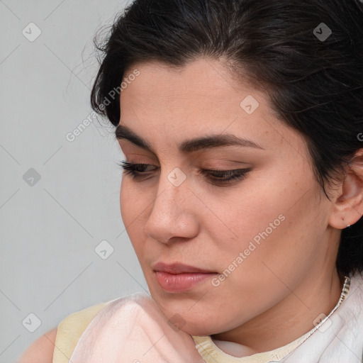 Neutral white young-adult female with medium  brown hair and brown eyes