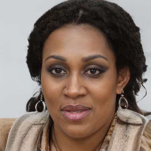 Joyful black young-adult female with long  brown hair and brown eyes