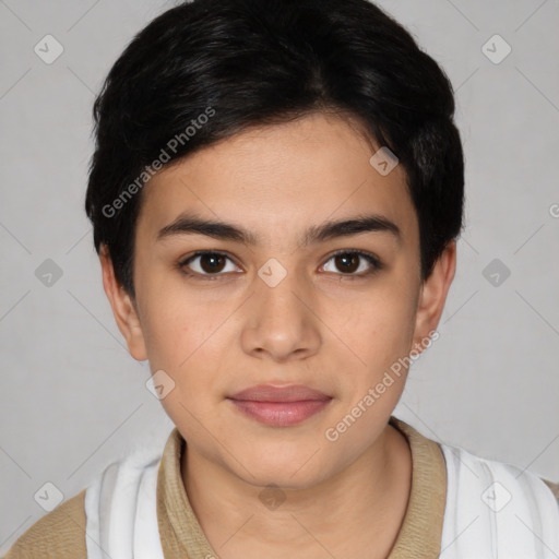 Joyful white young-adult female with short  brown hair and brown eyes