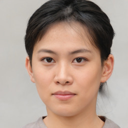 Neutral asian young-adult female with short  brown hair and brown eyes