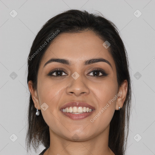 Joyful white young-adult female with medium  brown hair and brown eyes