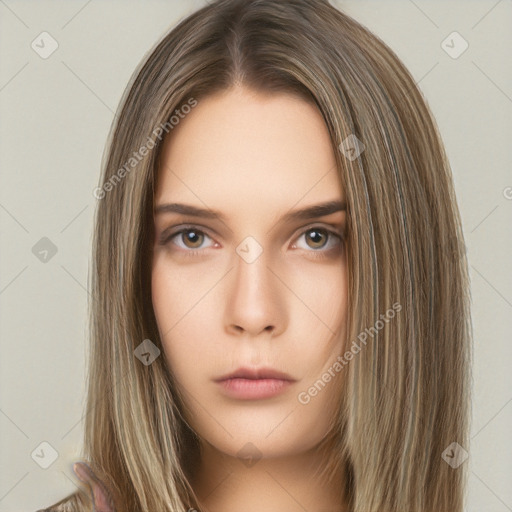 Neutral white young-adult female with long  brown hair and brown eyes