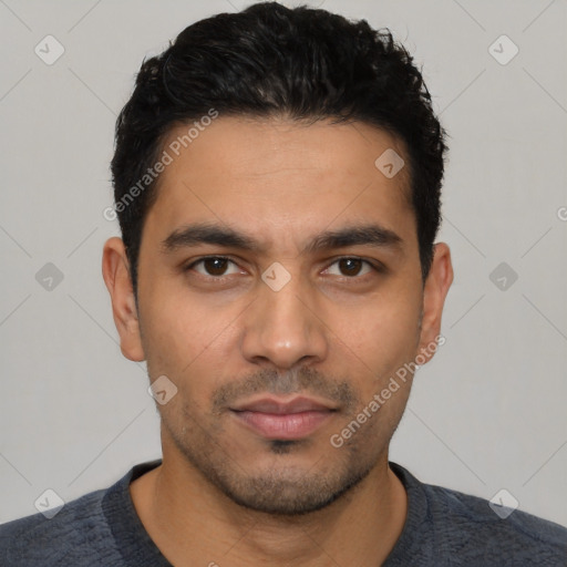 Neutral latino young-adult male with short  black hair and brown eyes