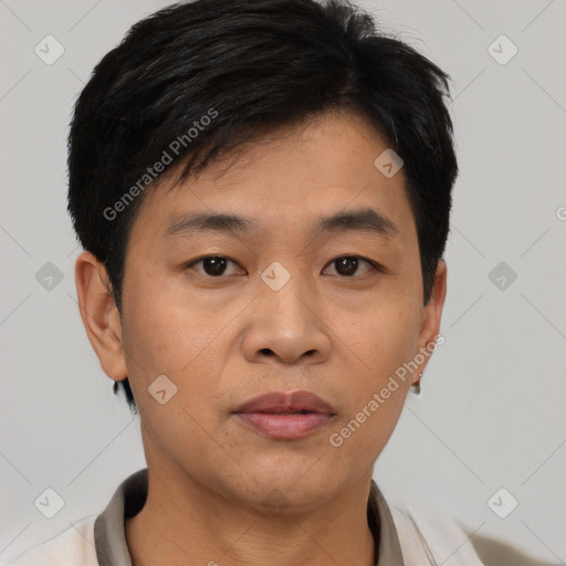 Joyful asian young-adult male with short  black hair and brown eyes