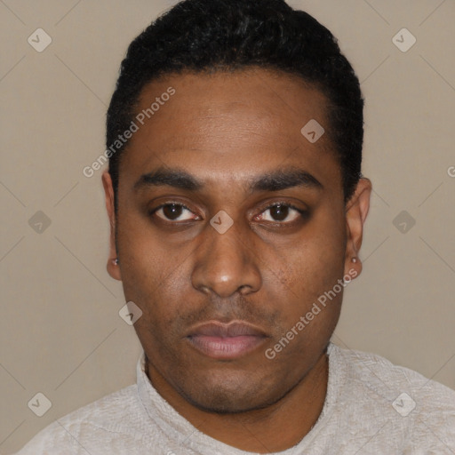 Neutral black young-adult male with short  black hair and brown eyes