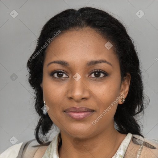 Joyful black young-adult female with medium  black hair and brown eyes