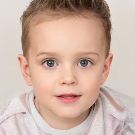 Neutral white child female with short  brown hair and grey eyes