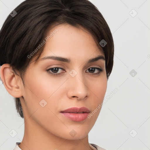 Neutral white young-adult female with short  brown hair and brown eyes