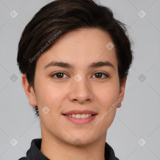 Joyful white young-adult female with short  brown hair and brown eyes