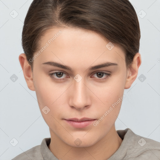 Neutral white young-adult female with short  brown hair and brown eyes