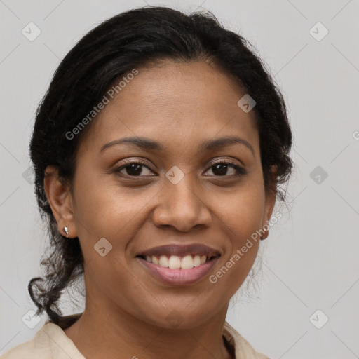 Joyful black young-adult female with medium  brown hair and brown eyes