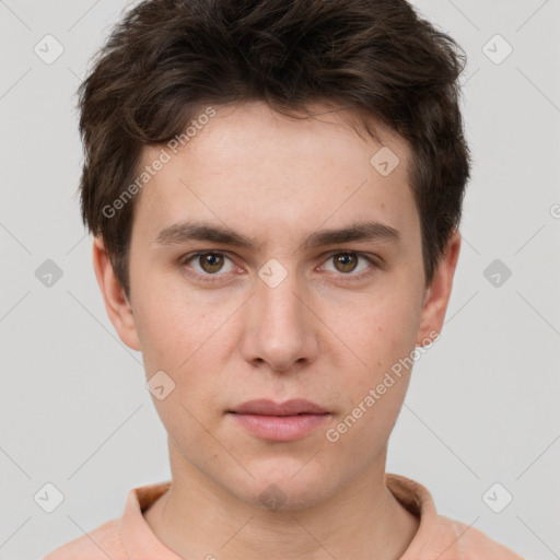 Neutral white young-adult male with short  brown hair and brown eyes